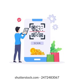 People paying with QR code in supermarket, clothing store and hardware store.
