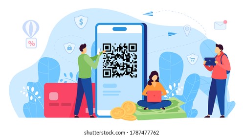 People paying with QR code vector illustration. Cartoon flat man woman characters using smartphone scanner id app for barcode scanning, payment online, money transaction technology isolated on white