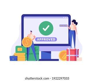 People paying successfully and safely. Online mobile payment and banking service. Concept of payment approved, payment done. Vector illustration in flat design for web banner and mobile app