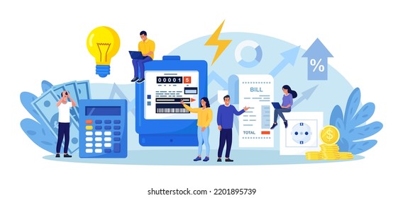 People paying utilities. Invoice and electricity meter. Man worried, stressed over bill. Utility bills payment. Electricity consumption expenses. Technician repair, meter installation, energy saving