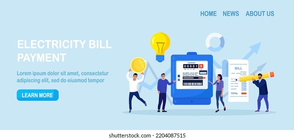 People paying utilities. Invoice and electricity meter. Man worried, stressed over bill. Utility bills payment. Electricity consumption expenses. Technician repair, meter installation, energy saving