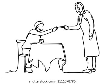 people, payment and finance concept - the guy pays with the waiter. Continuous line drawing. Isolated on the white background. Vector monochrome, drawing by lines