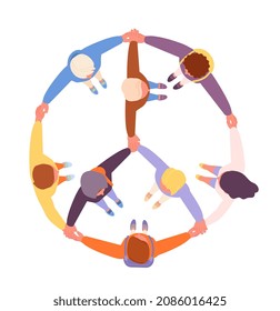 People in peace symbol. Hugging support circle, man lifestyle and cooperation. Friends teamwork or community group, modern diverse society, utter vector scene