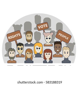 People peaceful demonstration. Men and women with placard for rights. Thin line flat design vector illustration. Isolated on white background