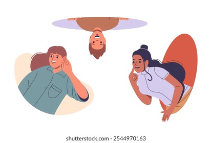 People Peek With Curious Expressions, Engaged In A Conversation, Conveying The Theme Of Curiosity And Surprise. Male and Female Characters Highlighting Concept Of Questioning And Social Interaction