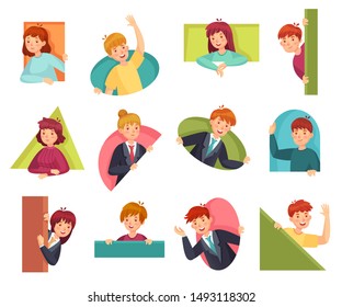 People peeking out. Man looking out, woman searching something and curiosity. Surprise emotion avatars, spying looking humans character. Cartoon vector illustration isolated icons set