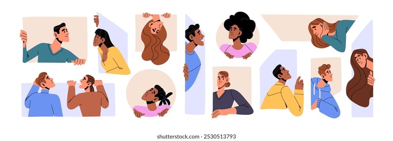 People peeking out set. Curious suspicious characters hide, looking out behind walls. Interested men and women peep, staring, sneaking. Curiosity concept. Flat isolated vector illustrations on white