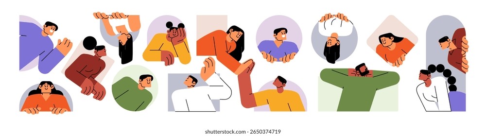 People peeking out set. Happy men and women peep outside window with curiosity. Curious characters look from behind wall, greeting, gesturing. Flat isolated vector illustrations on white background