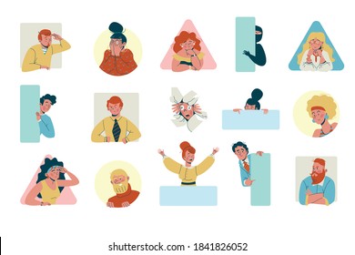 People peeping, face look out window, portraits set isolated vector illustrations. Cheerful, puzzled, greeting, happy male and female characters icons collection. Male and female portraits.