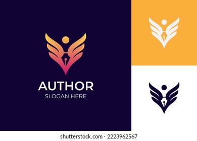 people with pen ink logo design with feather wigs for author, Education Logo Design concept, notary logo icon design