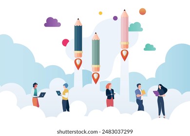 People with pencil rockets launching. Education concept. Vector illustration