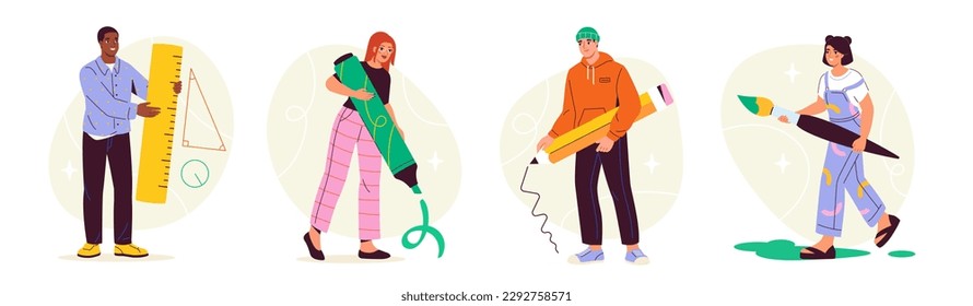 People with pencils set. Collection of men and women with school supplies. Creativity and art. Students with ruler, marker and brush. Cartoon flat vector illustrations isolated on white background