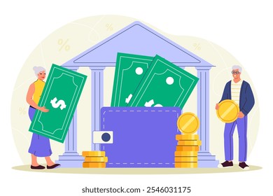 People with pension. Old man and woman with banknotes near bank building. Rich grandma and grandpa. Pensioners with money. Flat vector illustration isolated on white background