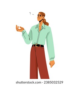 People with question mark. Pensive man ask, doubt. Confused guy think, reflect about problems, troubles. Puzzled male remember, search in memory. Flat isolated vector illustration on white background.
