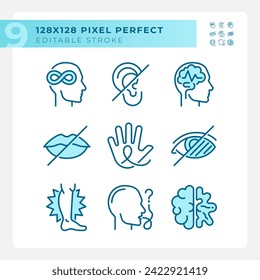 People with perception disorders light blue icons. Cognitive development, brain damage. Mental wellness. RGB color. Website icons set. Simple design element. Contour drawing. Line illustration