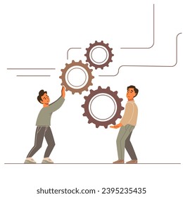 A people perform a complex task at work. A difficult working process. Cartoon men doing hard job. Mechanism and gears.