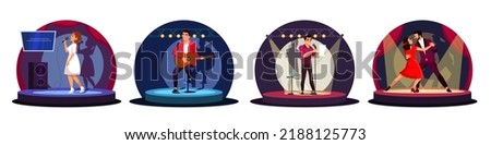 People perform on stage in spotlights set vector illustration. Cartoon musician playing guitar, couple dancing tango, talent girl with microphone singing in karaoke, guy performing stand up show