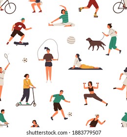 People performing different sports exercises seamless pattern. Man and woman doing yoga, fitness, training, riding bicycle and skateboarding vector flat illustration. Characters doing workout