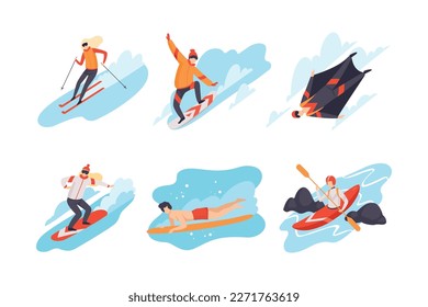 People performing extreme sports set. Surfing, skydiving, skiing, kayaking, snowboarding flat vector illustration