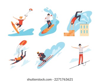 People performing extreme sports set. Surfing, parkour, skydiving, slackline, skiing flat vector illustration