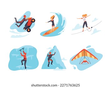 People performing extreme sports set. Slackline, motorcycling, surfing, paragliding, mountaineering flat vector illustration