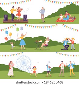 People Performing Leisure Outdoor Activities in Park Set, Family Picnic, Summer Vacation, Outdoor Leisure Flat Style Vector Illustration