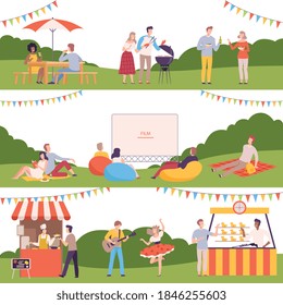 People Performing Leisure Outdoor Activities in Park Set, Men and Women Visiting Street Food Fair, Watching Movie Outdoors, Outdoor Leisure Flat Style Vector Illustration