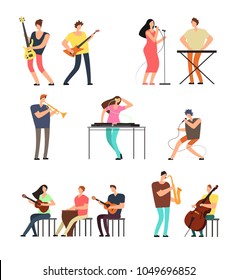 People performing music. Musicians with musical instruments. Vector cartoon characters isolated. Illustration of musician performance and music concert with guitar instrument