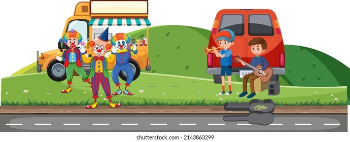 People performing on the road illustration