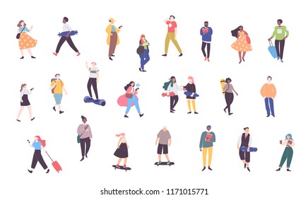 People performing outdoor activities - skateboarding, walking, reading books, communicating. Vector illustration