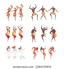 People Performing Ritual Dance Wearing Traditional Ethnic Costumes Vector Set