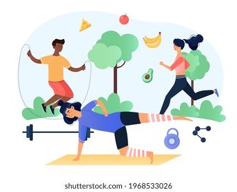 People performing sports activities and execising outdoors and wholesome food. Healthy habits, fitness training, dietary nutrition, outdoor workout concepts. Flat cartoon vector illustration