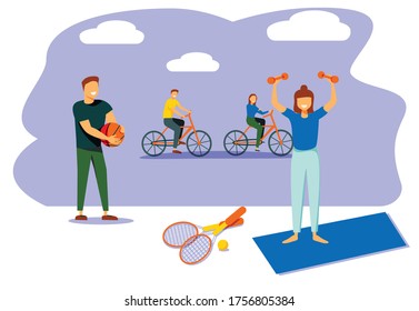 People performing sports activities or exercise and wholesome food. Concept of healthy habits, active lifestyle, fitness training, dietary nutrition, outdoor workout. Modern flat vector illustration.