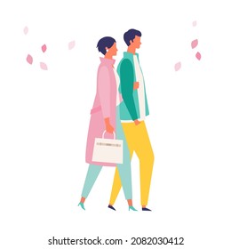 People performing spring outdoor activities. Shopping, walking, drinking and texting from phone. Flat cartoon colorful vector illustration.