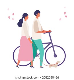 Menschen, die im Frühjahr Outdoor-Aktivitäten durchführen. Shopping, Wandern, Trinken und SMS vom Telefon. Flacher Cartoon bunter Vektorgrafik.