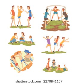 People performing summer leisure outdoor activities set. People playing soccer, sunbathing, having picnic cartoon vector illustration