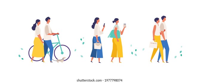 People performing summer outdoor activities. Shopping, walking, drinking and texting from phone. Flat cartoon colorful vector illustration.