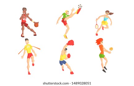 People Performing Various Sports Activities Set, Young Men and Women Running, Playing Basketball, Soccer, Tennis, Volleyball Vector Illustration