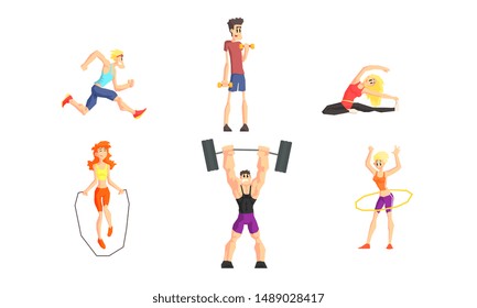 People Performing Various Sports Activities Set, Young Men and Women Running, Exercising with Dumbbells and Barbell, Jumping with Rope Vector Illustration