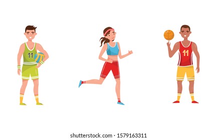 People Performing Various Sports Activities Set, Male and Female Athletes Playing Basketball, Volleyball, Running, Vector Illustration