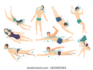 People Performing Water Activities Set, Men and Women in Swimwear in Swimming Pool, Water Swim Sport Cartoon Style Vector Illustration