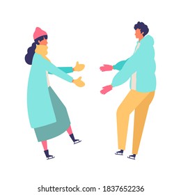 People performing winter sports activities. Skating people. Flat cartoon colorful vector illustration.