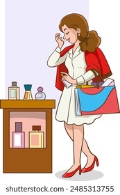 People with perfume concept. Woman near cosmetics and lotions. Beauty procedures. Skin and body care.isolated cartoon flat vector illustration