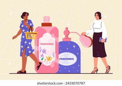 People with perfumes concept. Two women near cosmetics products and lotions, aroma. Beauty procedures. Skin and body care. Cartoon flat vector illustration isolated on beige background