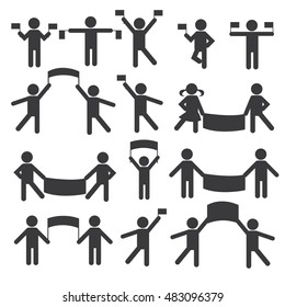 People Person Basic Body Posture Stick Figure Pictogram Icon. Action. People with flags and banners