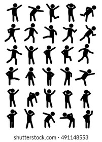 People Person Basic Body Posture Stick Figure Pictogram Icon. Action. Black. Set of stick figure