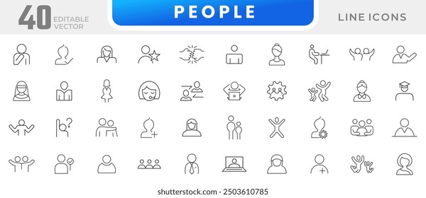 People and person line icon collection. Research, meeting, business communication, employee job, management, startup and teamwork icon set. UI outline icons pack