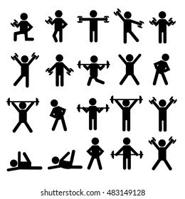 People Person Stick Figure Pictogram Icon. Action. Basic Body. Black. Sport. Set of vector people. People with dumbbells