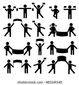 People Person Stick Figure Pictogram Icon. Action. Basic Body. Black. People with flags and banners. Set of vector people