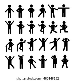 People Person Stick Figure Pictogram Icon. Action.  Basic Body. Black. Set of vector people